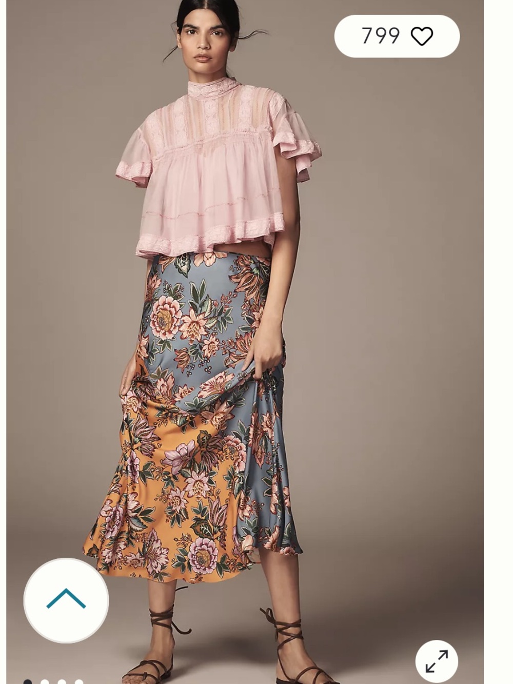 FARM Rio Two-Tone Floral Midi Skirt in Blue-Gray and Mustard